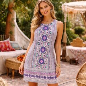 London Times Cotton Blend Sleeveless Printed Dress | Multicolor Geometric Boho